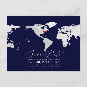 Faux Silver Map, Any Destination Save the Date Postcard