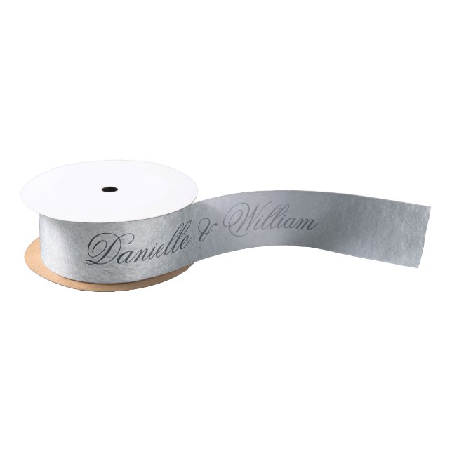 Faux Silver Metallic Elegant Grey Script Wedding Satin Ribbon (Spool)