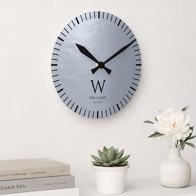 Faux Silver Metallic Grey Black Monogram and Name  Round Clock (Creator Uploaded)