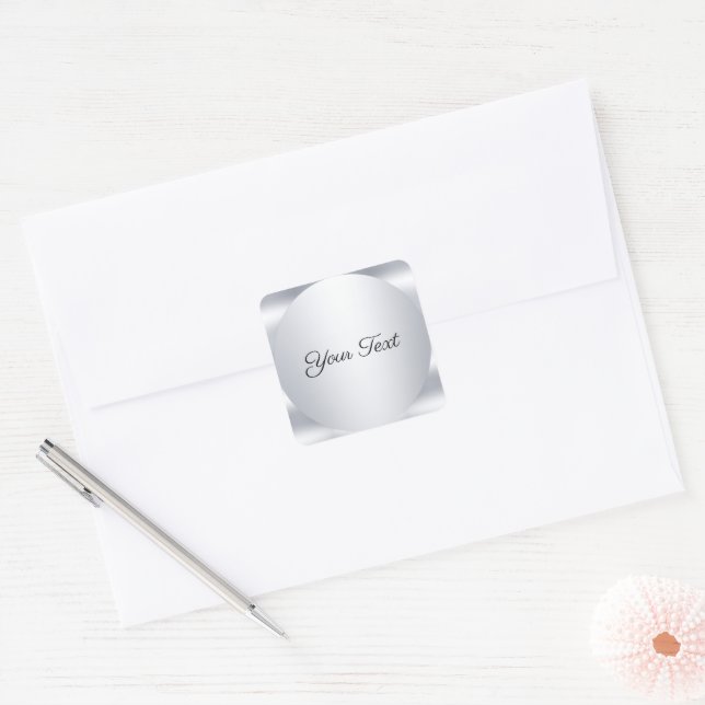 Faux Silver Metallic Look Add Your Text Template Square Sticker (Envelope)