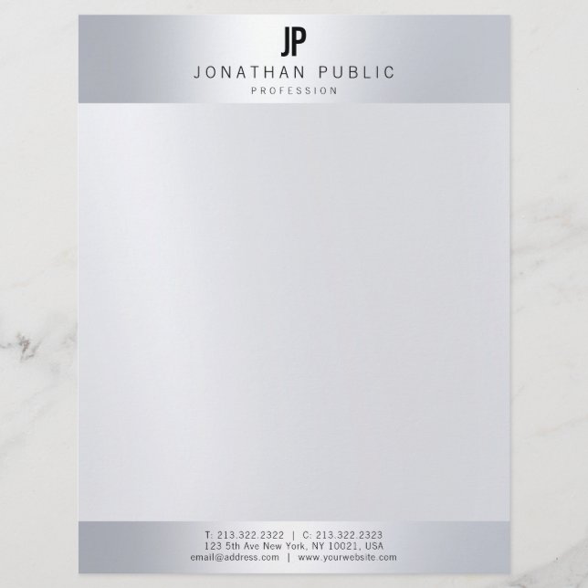 Faux Silver Monogram Professional Modern Template Custom Letterhead (Front)
