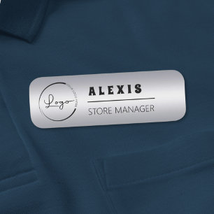 Faux Silver Retro Company Business Logo Name Tag