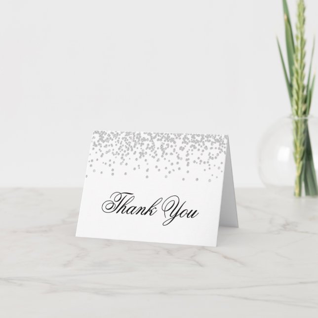 Faux Silver Rhinestone Diamonds White Thank You Card (Front)
