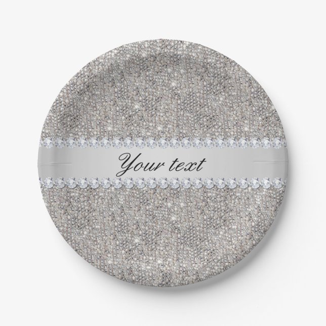Faux Silver Sequins and Diamonds Paper Plate (Front)