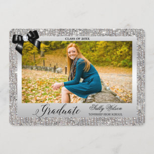 Faux Silver Sequins Black Bow Graduation Photo Invitation