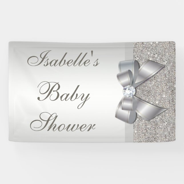 Faux Silver Sequins Bow Neutral Baby Shower Banner (Horizontal)