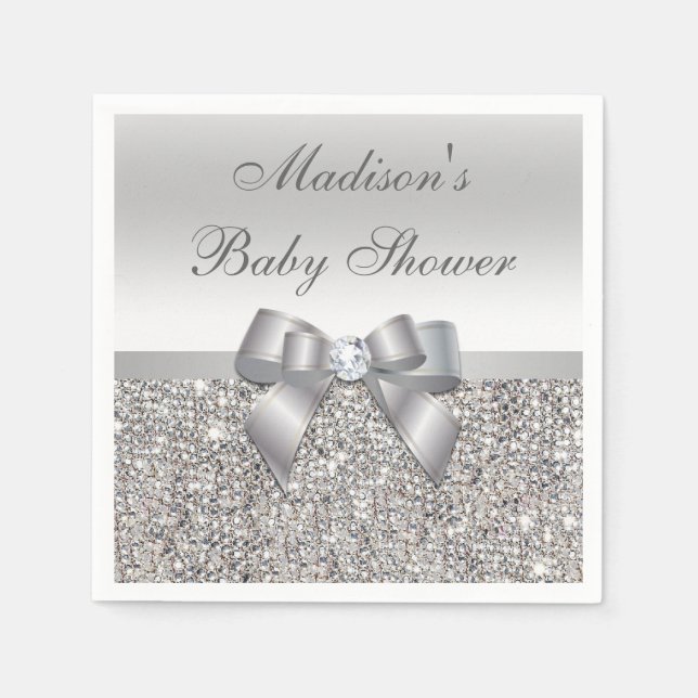 Faux Silver Sequins Bow Personalised Baby Shower Napkin (Front)