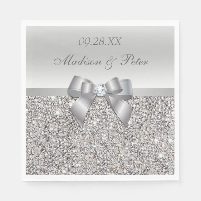 Faux Silver Sequins Bow Personalised Wedding Napkin (Front)