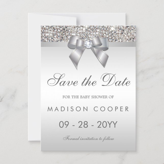 Faux Silver Sequins Bow Save The Date Baby Shower Magnetic Invitation (Front)