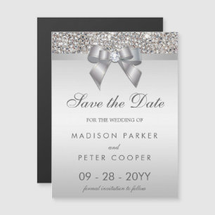 Faux Silver Sequins Bow Save The Date Wedding Magnetic Invitation