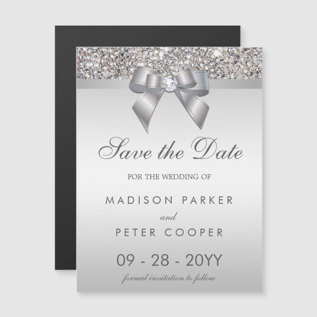 Faux Silver Sequins Bow Save The Date Wedding Magnetic Invitation (Front/Back)