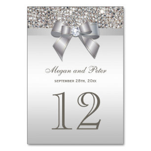 Faux Silver Sequins Bow Wedding Table Number Cards