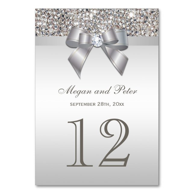 Faux Silver Sequins Bow Wedding Table Number Cards (Front)