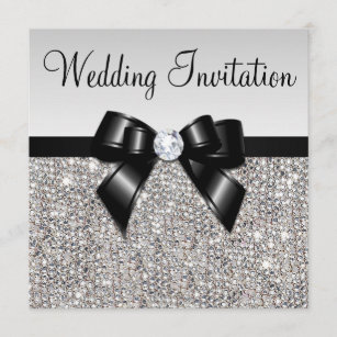 Faux Silver Sequins Diamonds Black Bow Wedding Invitation
