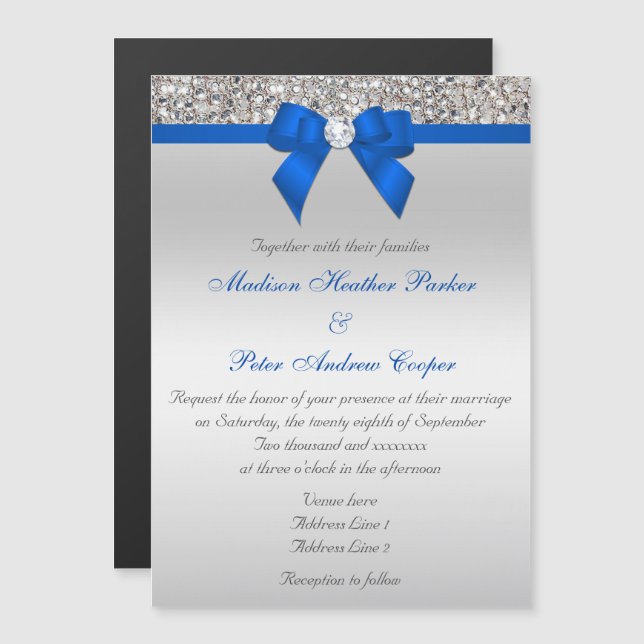 Faux Silver Sequins Diamonds Cobalt Blue Wedding Magnetic Invitation (Front/Back)