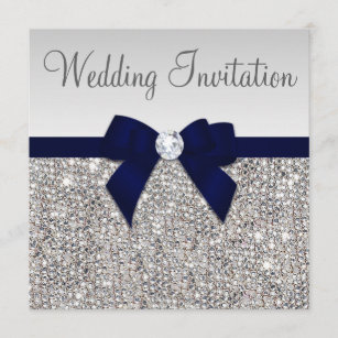 Faux Silver Sequins Diamonds Dark Navy Bow Wedding Invitation