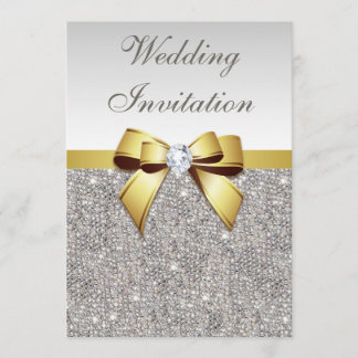 Faux Silver Sequins Diamonds Gold Bow Wedding Invitation