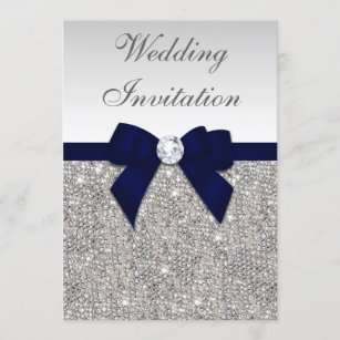 Faux Silver Sequins Diamonds Navy Bow Wedding Invitation