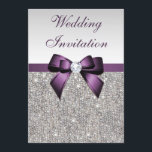 Faux Silver Sequins Diamonds Purple Bow Wedding Invitation<br><div class="desc">Elegant, personalised custom silver and purple wedding invitations with a beautiful glittery silver printed image sequins jewels, gems, glitter pattern, cute, sophisticated shiny printed purple bows and ribbons and pretty digital diamonds bling jewels and dark grey text on a silver gradient background. Please note: All invites on Zazzle have flat...</div>