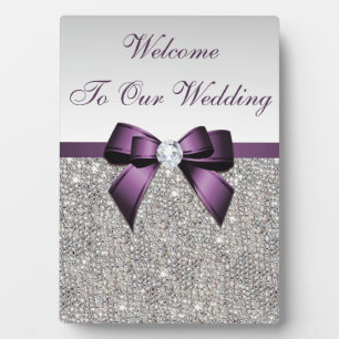 Faux Silver Sequins Diamonds Purple Bow Wedding Plaque