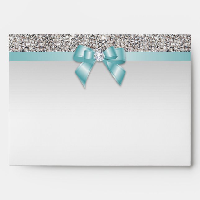 Faux Silver Sequins Diamonds Teal Bow Envelope (Front)