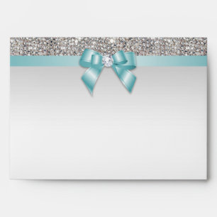 Faux Silver Sequins Diamonds Teal Bow Envelope