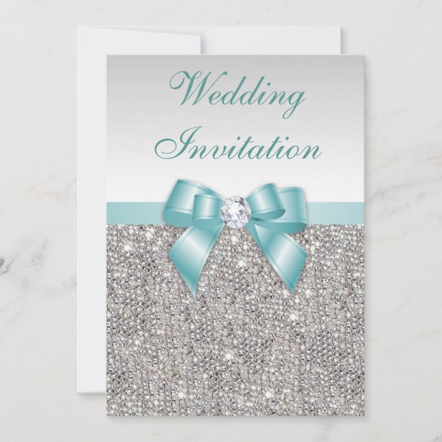 Faux Silver Sequins Diamonds Teal Bow Wedding Invitation (Front)