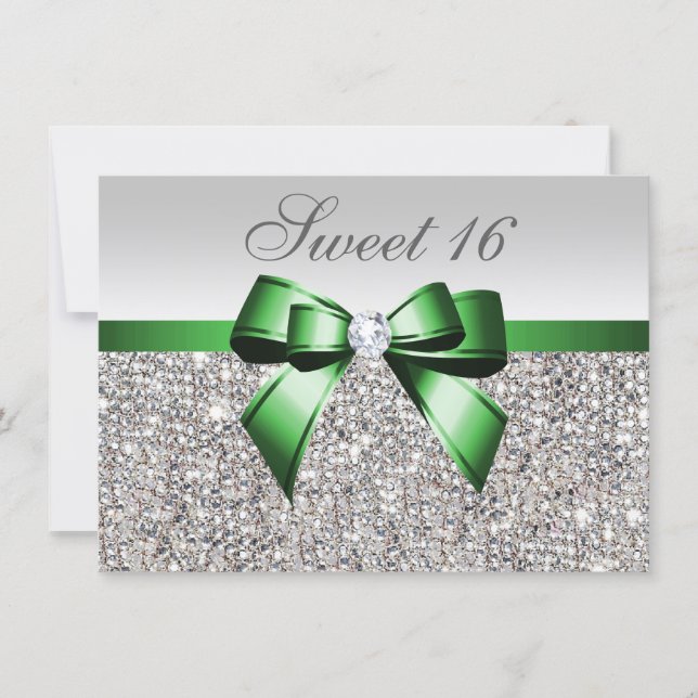 Faux Silver Sequins Emerald Bow Diamond Sweet 16 Invitation (Front)