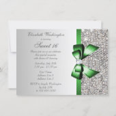 Faux Silver Sequins Emerald Bow Diamond Sweet 16 Invitation (Back)