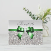 Faux Silver Sequins Emerald Bow Diamond Sweet 16 Invitation (Standing Front)