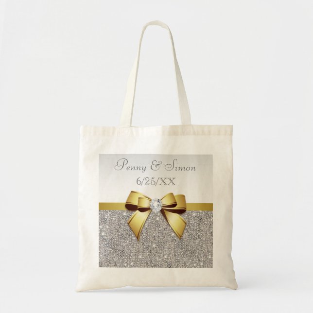 Faux Silver Sequins Gold Bow Wedding Favour Tote Bag (Front)