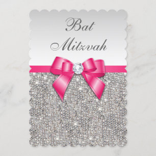 Faux Silver Sequins Hot Pink Bow Bat Mitzvah Invitation