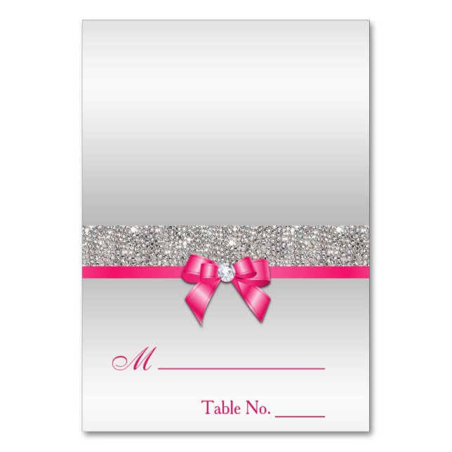 Faux Silver Sequins Hot Pink Bow Place Card (Front)