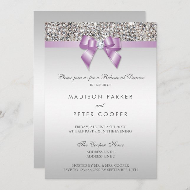 Faux Silver Sequins Lilac Bow Rehearsal Dinner Invitation (Front/Back)