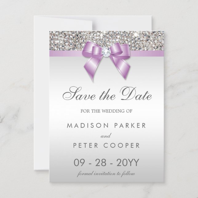 Faux Silver Sequins Lilac Bow Save The Date Magnetic Invitation (Front)
