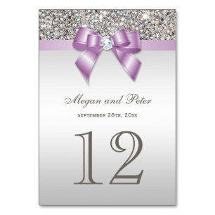 Faux Silver Sequins Lilac Bow Wedding Table Number