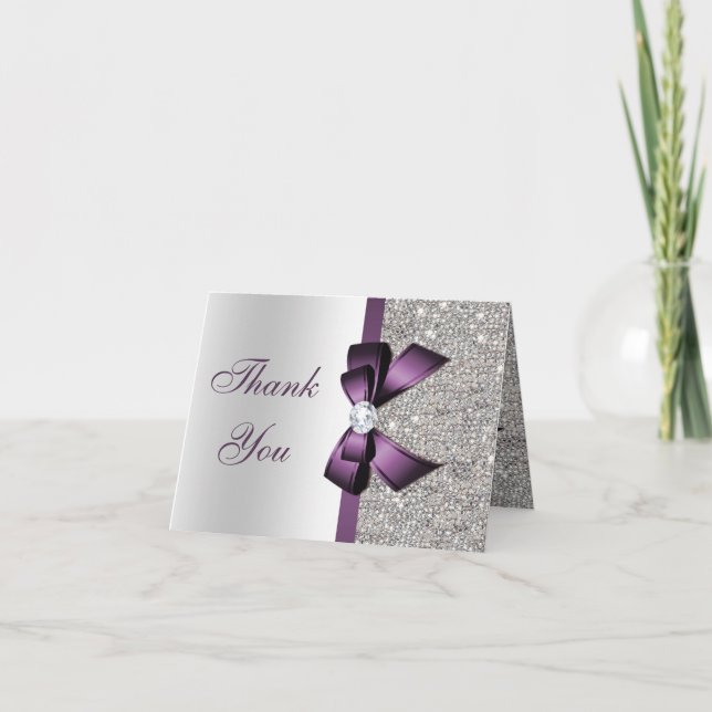 Faux Silver Sequins Purple Diamond Bow Thank You Card (Front)
