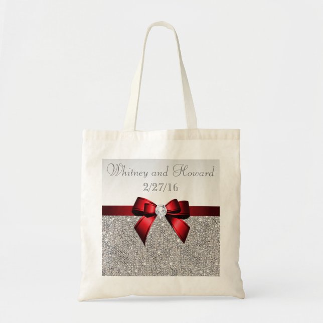 Faux Silver Sequins Red Bow Wedding Favour Tote Bag (Front)