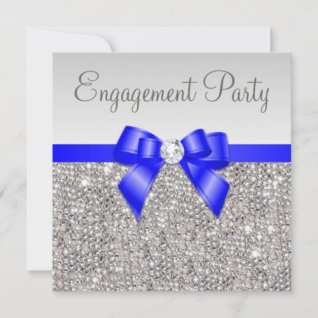 Faux Silver Sequins Royal Blue Bow Engagement Invitation (Front)