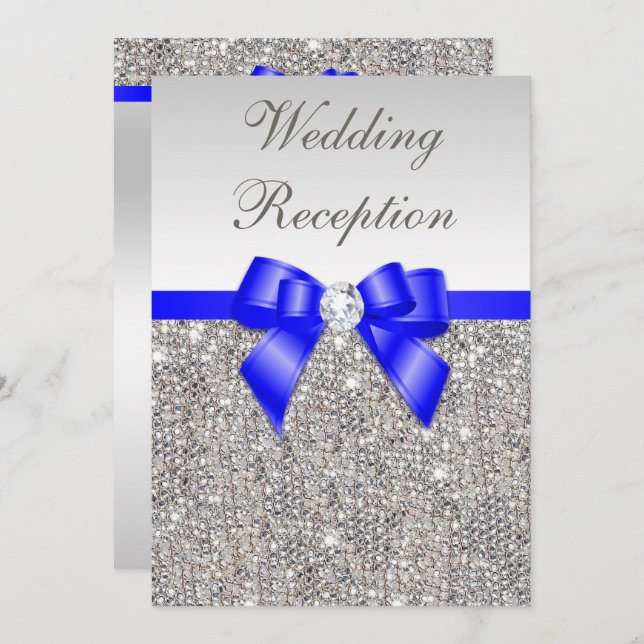 Faux Silver Sequins Royal Blue Wedding Reception Invitation (Front/Back)