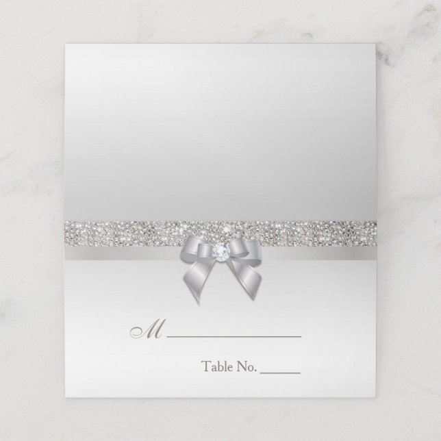 Faux Silver Sequins Silver Bow Place Card (Outside Unfolded)