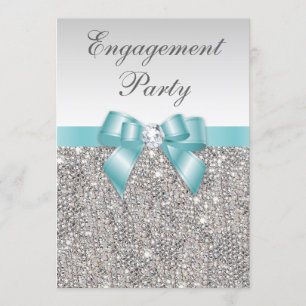 Faux Silver Sequins Teal Bow Engagement Party Invitation