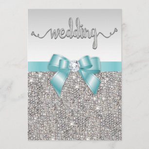 Faux Silver Sequins Teal Bow Wedding Typography Invitation