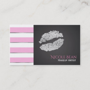 Faux Silver Shine Lips Pink White Stripes Chic Business Card
