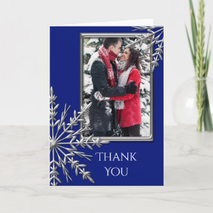 Faux Silver Snowflake on Blue Thank You Note Photo Card