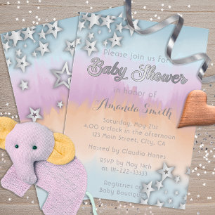 Faux Silver Stars On Pastel Pink Blue Orange Invitation