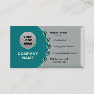 Faux Silver-Teal Glossy Metallic with 3D Icons Business Card