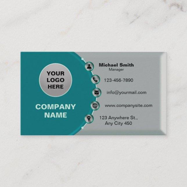Faux Silver-Teal Glossy Metallic with 3D Icons Business Card (Front)