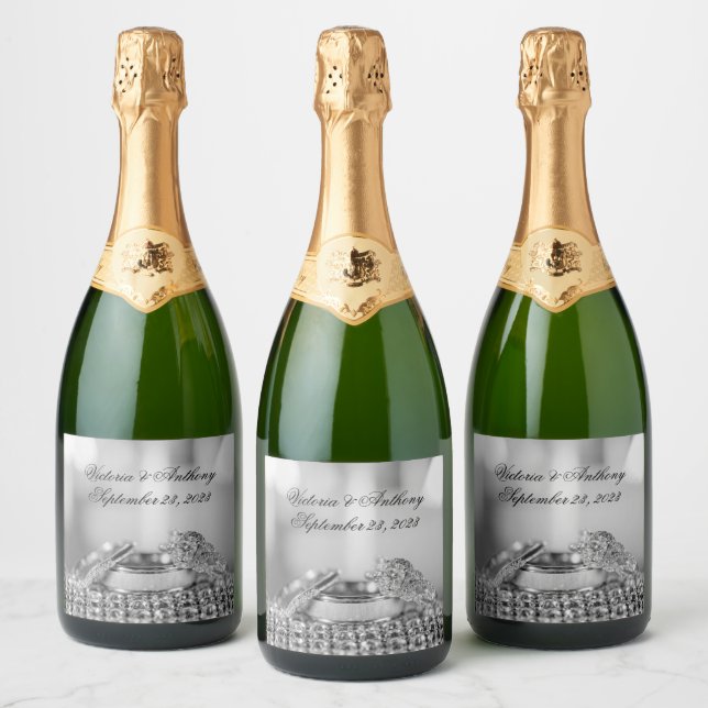Faux Silver Wedding Elegant Name Date Script Sparkling Wine Label (Bottles)