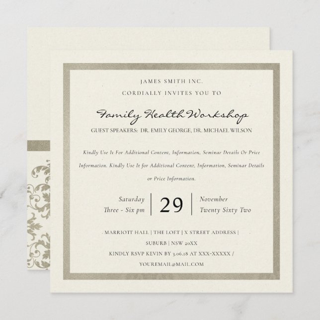 FAUX SILVER WHITE DAMASK CLASSIC WORKSHOP EVENT INVITATION (Front/Back)